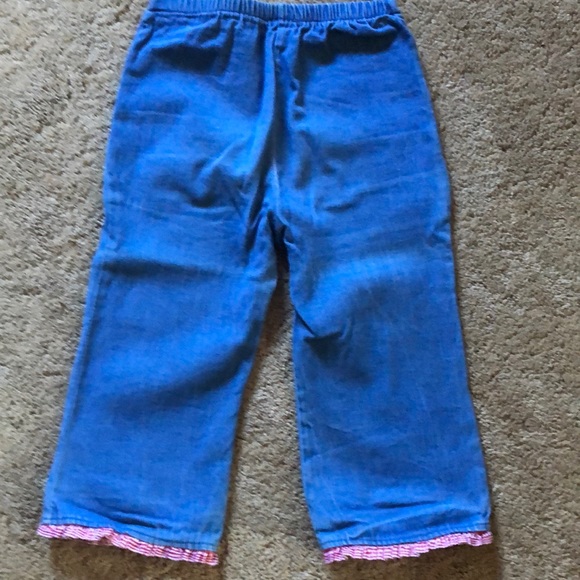 Denim jeans w/ tiny red gingham ruffle on bottom - Picture 2 of 4